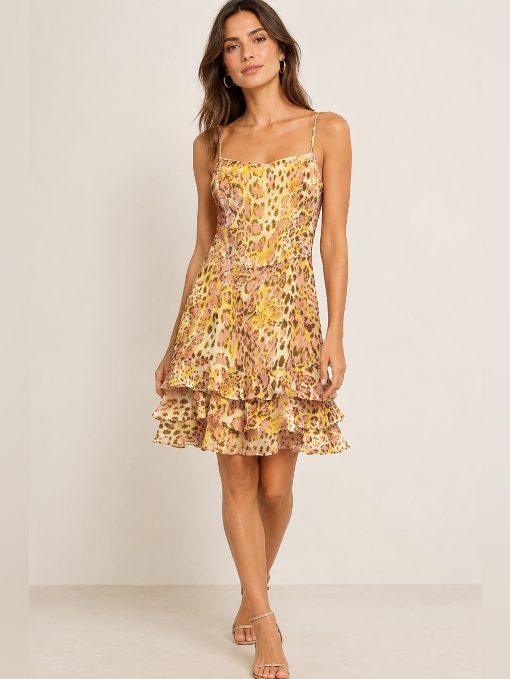 Bardot Yellow Leopard-Print Tiered Slip Dress